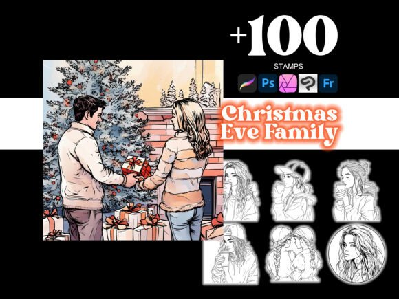 100 Christmas Eve Family Procreate Brushes for Realistic Holiday Art