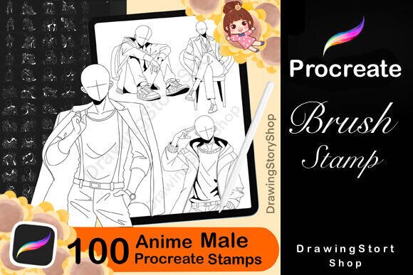 100 Procreate Male Body Poses Stamps for Digital Artists