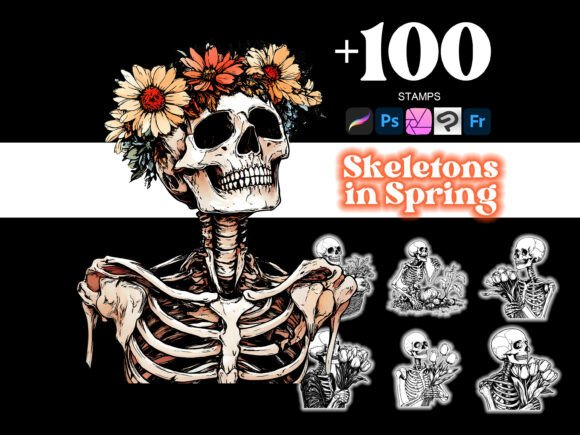 100 Spring Skeleton Procreate Brushes for iPad Artists