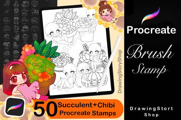 50 Procreate Succulent Chibi Pose Stamps for Creative Digital Art