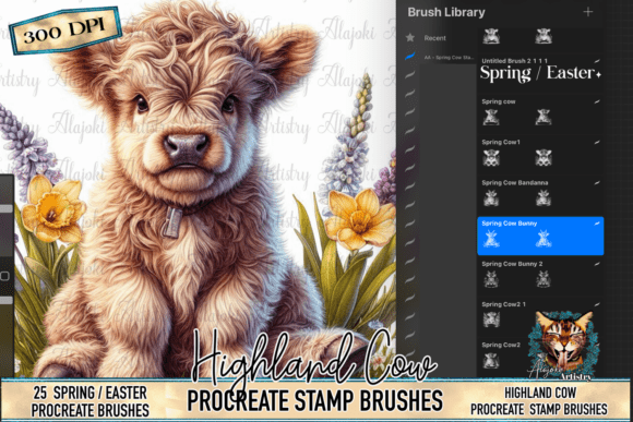 Spring Highland Cow Procreate Stamps