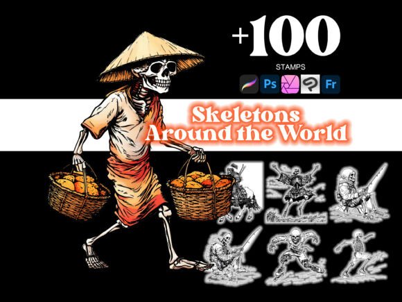Transform Your Artwork with the 100 Around the World Skeleton Procreate Collection